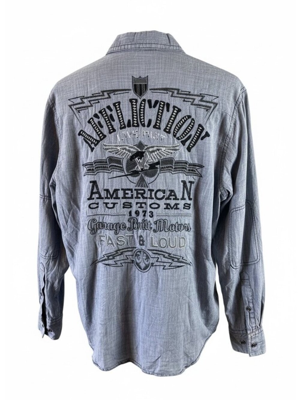 Affliction Embroidered Gray Chambray Button Front Shirt Skull Biker Slim Fit L